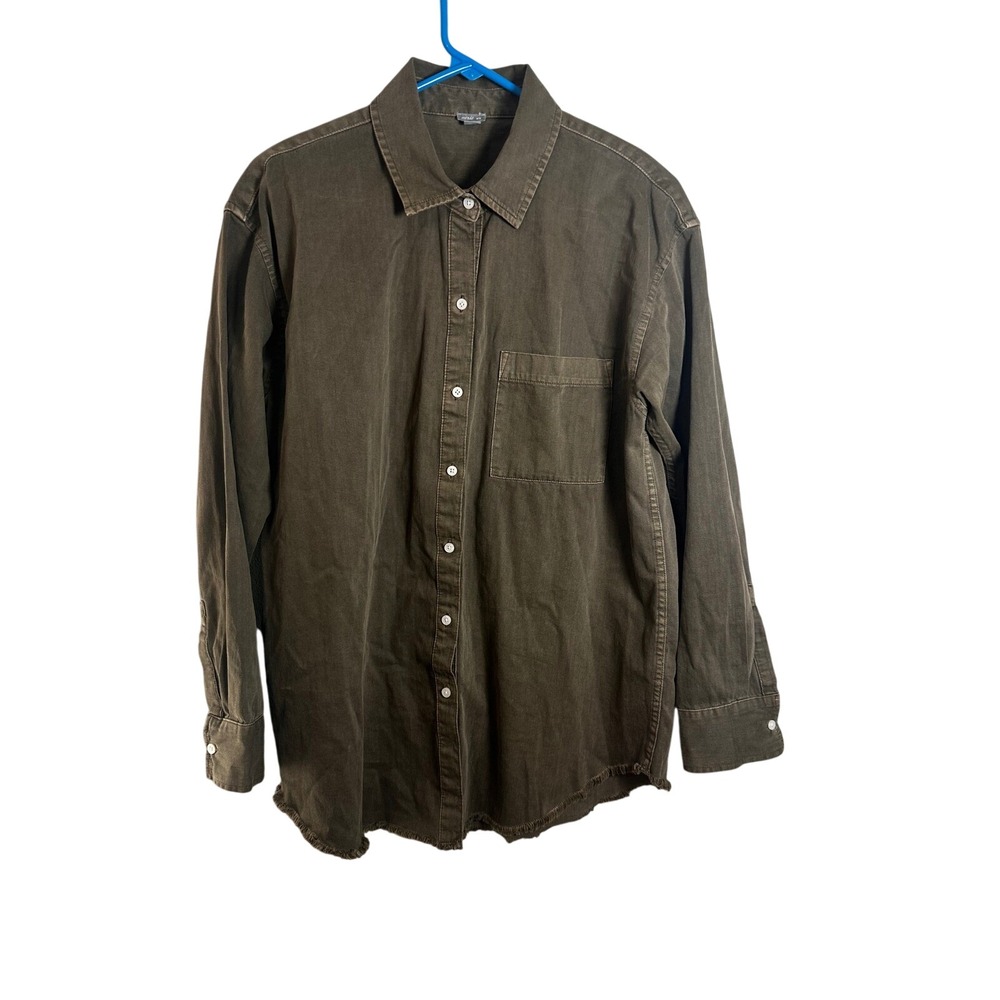 Aerie Womens Olive Green Raw Hem 100% Cotton Oversized Button Down Shirt Medium